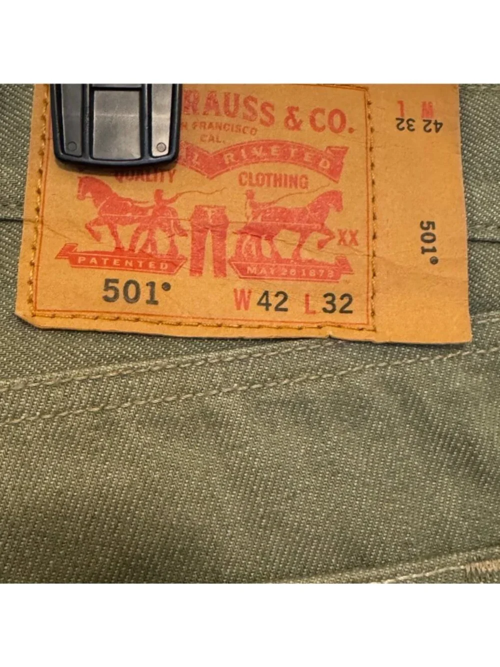 Levis 501 Mens Olive Green Straight-Leg Jeans W42 L32 Cotton Denim